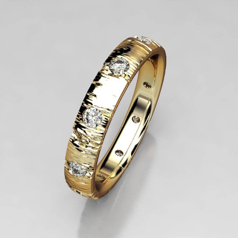Damen Gold Baumrinde Ring - 3 Mm Strukturierter Ehering Aspen Mit 10 Diamanten von MetalWendler