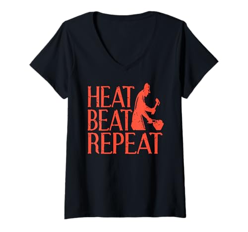 Damen Erhitzen Hämmern Wiederholen Schmiedespruch T-Shirt mit V-Ausschnitt Damen Erhitzen Hämmern Wiederholen Schmiedespruch T-Shirt mit V-Ausschnitt von Metallhandwerker mit Rhythmus und Stil
