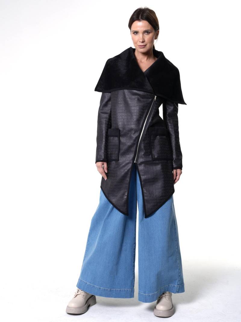 Geprägter Wildleder Blazer in Schwarz/Kunstpelz Mantel Elegante Jacke Metc0136-B von Metamorphoza