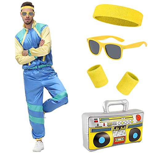 80er Jahre Outfit Herren Damen, Trainingsanzug 70er 80er Jacke Hose Anzug, 80er Jahre Kostüm mit Stirnband Armbänder Brille Paare, Retro Style Jogginganzug Bad Taste Outfit Karneval (Blau, M) von Metaparty