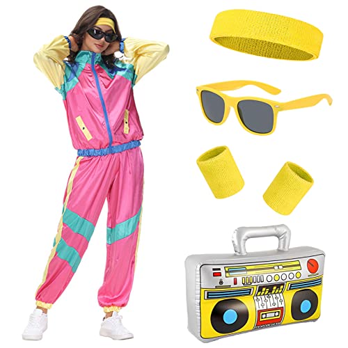 80er Jahre Outfit Herren Damen, Trainingsanzug 70er 80er Jacke Hose Anzug, 80er Jahre Kostüm mit Stirnband Armbänder Brille Paare, Retro Style Jogginganzug Bad Taste Outfit Karneval (Rosa, M) von Metaparty