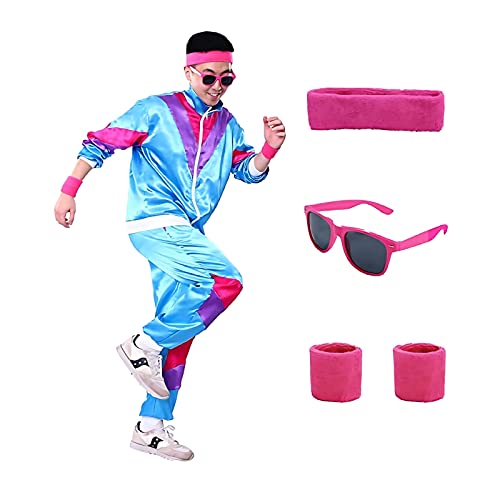 80er Jahre Outfit Herren Damen,90er Jahre Kostüm 80s Trainingsanzug Jogginganzug Sportanzug Erwachsene Faschingskostüme für Mottoparty Karneval Halloween (Blau, M) von Metaparty