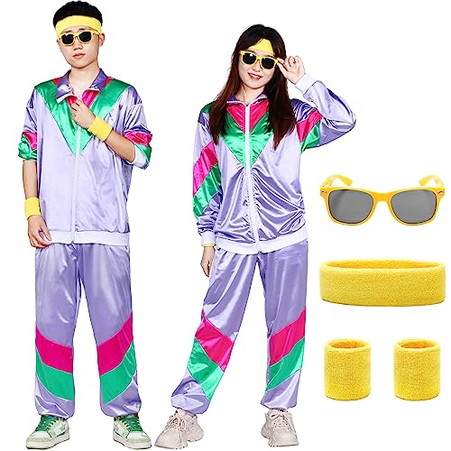 80er Jahre Outfit Herren Damen,90er Jahre Kostüm 80s Trainingsanzug Jogginganzug Sportanzug Erwachsene Faschingskostüme für Mottoparty Karneval Halloween (Lila, 2XL) von Metaparty