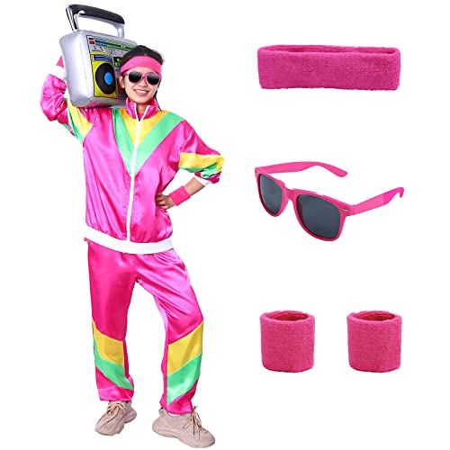 80er Jahre Outfit Herren Damen,90er Jahre Kostüm 80s Trainingsanzug Jogginganzug Sportanzug Erwachsene Faschingskostüme für Mottoparty Karneval Halloween (Rosa, S) von Metaparty