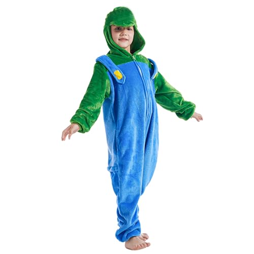 Mario Bros Onesie Jumpsuit Karneval Kostüm Erwachsene Kinder Jumpsuit Pyjama Schlafanzug Weihnachten Halloween Overall Nachtwäsche Faschingskostüme (Grün, 130) von Metaparty