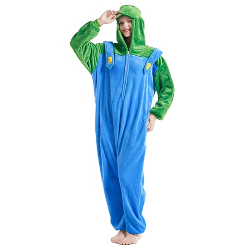 Mario Bros Onesie Jumpsuit Karneval Kostüm Erwachsene Kinder Jumpsuit Pyjama Schlafanzug Weihnachten Halloween Overall Nachtwäsche Faschingskostüme (Grün, XL) von Metaparty