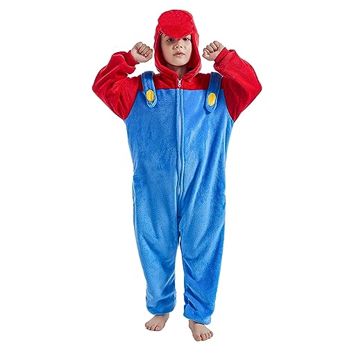 Mario Bros Onesie Jumpsuit Karneval Kostüm Erwachsene Kinder Jumpsuit Pyjama Schlafanzug Weihnachten Halloween Overall Nachtwäsche Faschingskostüme (Rot, 130) von Metaparty