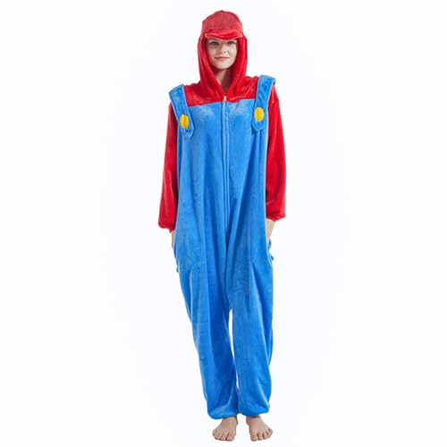 Mario Bros Onesie Jumpsuit Karneval Kostüm Erwachsene Kinder Jumpsuit Pyjama Schlafanzug Weihnachten Halloween Overall Nachtwäsche Faschingskostüme (Rot, L) von Metaparty