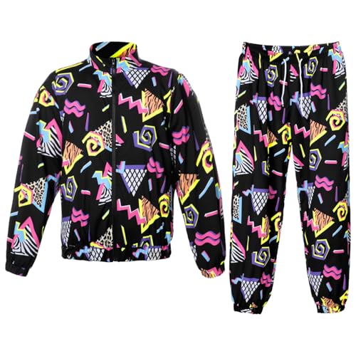 Metaparty 80er Disco Outfit Herren Damen, 2 Stück 90S Outfits Trainingsanzug Retro 80S 90S Outfit Hip Hop Shell Anzug für Disco Party Mottoparty Karneval Halloween (Schwarz, S) von Metaparty