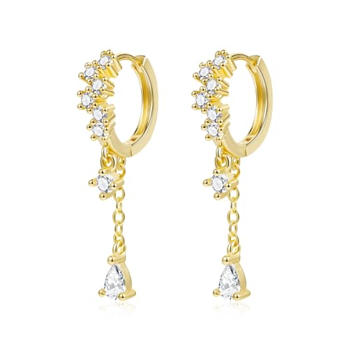 Creolen Gold Klein mit Anhänger Hängende, Kleine Ohrringe Goldene Tropfen Hängend,Glizter Ohrhänger Mit Cubic Zirkonia Quasten Anhänger Ohrring Trendige Hängendohrringe Fur Damen Mädchen(Gold) von Meteorstarry