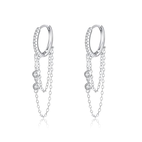 Creolen mit Kette Anhänger, Klein Ohrringe Silber 925 Ketten Hängend,Tropfenohrringe Tragus Piercing mit Kette Verbunden, Hängende Zirkonia Ohrhänger Geschenke für Frauen von Meteorstarry