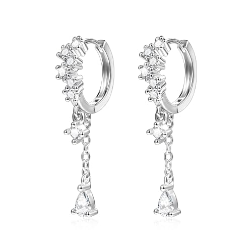 Ohrringe Silber 925 Creolen mit Anhänger, Kleine Rund Tropfen Ohrhänger Silber 925 Lang CZ Hängend, Hängeohrringe Silber Mit Kette Verbunden Modeschmuck Geschenk für Freundin Mama von Meteorstarry