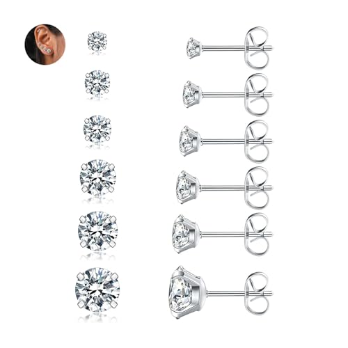 Ohrringe Stecker Silber 925, 6 Paar Ohrstecker Set 925 Cubic Zirkonia Hypoallergen Ohrhänger Studs für Damen Herren, 925 Sterling Silber Damenohrringe Set für Mehrere Piercings 2/3/4/5/6/7MM von Meteorstarry