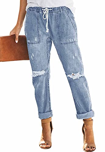 Metietila Damen Casual Pull-on Distressed Stretch Jeans Elastische Taille Jeans Denim Jogger Hosen, Hell-Indigoblau, X-Groß von Metietila