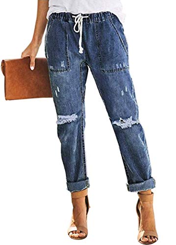 Metietila Damen Casual Pull on Distressed Stretch Jeans Schlupfhose Elastic Waist Jeans Denim Jogginghose Jeanshosen, Denim Blau, M von Metietila