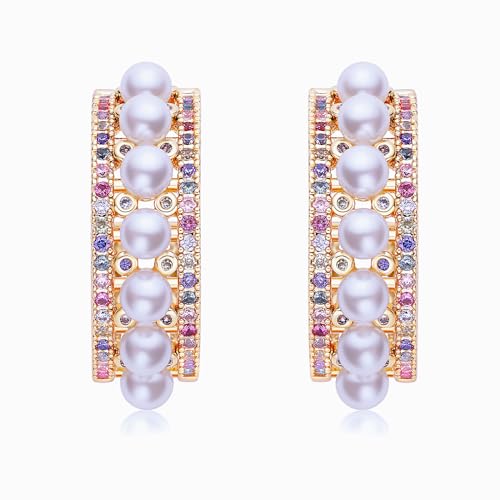 Multi-Farben Kristall oval Reifen Ohrringe für Frauen 925 Sterling Silber Post kleine Perle CZ Strass Reifen Ohrringe für Frauen (Rosegold) von Metmolley