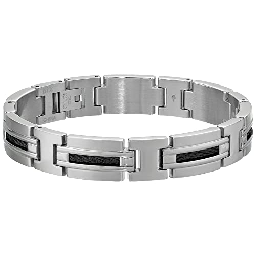 Metro Jewelry Edelstahl-Gliederarmband für Herren mit schwarzer Ionenplattierung, Kabeleinlage, 21,6 cm lang, 12 mm breit, Faltschließe, Metall, kein Edelstein Metro Jewelry Edelstahl-Gliederarmband für Herren mit schwarzer Ionenplattierung, Kabeleinlage, 21,6 cm lang, 12 mm breit, Faltschließe, Metall, kein Edelstein von Metro Jewelry