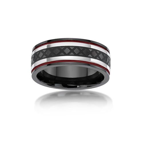 Metro Jewelry Strukturierter Bandring für Herren aus Edelstahl mit schwarzer Ionenbeschichtung und rotem Harz, 8,5 mm breit, Größe 8 bis 12, Metall Harz, Kein Edelstein Metro Jewelry Strukturierter Bandring für Herren aus Edelstahl mit schwarzer Ionenbeschichtung und rotem Harz, 8,5 mm breit, Größe 8 bis 12, Metall Harz, Kein Edelstein von Metro Jewelry