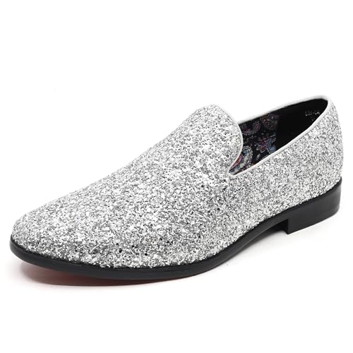 Herren Mode Smoking Sparkly Glitter Pailletten Kleid Smoking Loafers Slip On Schuhe SM-04, silber, 43 EU von Metrocharm