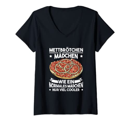 Damen Mettbrötchen Mädchen Mettigel Mädel Mett T-Shirt mit V-Ausschnitt von Mettbrötchen Hackepeter Mettigel Mett Kleidung
