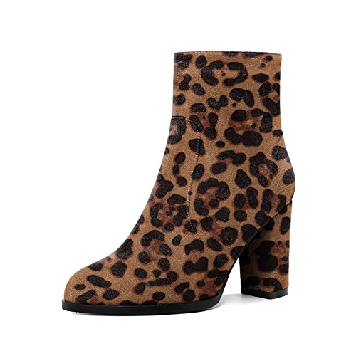 Mettesally Ankle Stiefel für Damen Chunky Blockabsatz Seite Reißverschluss Runde Slip On Stiefel Herbst Winter Stiefel Wildleder Schuhe Leopard EU37 von Mettesally