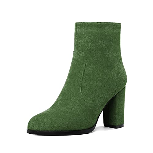 Mettesally Ankle Stiefel für Damen Chunky Blockabsatz Seite Reißverschluss Runde Slip On Stiefel Herbst Winter Stiefel Wildleder Schuhe Olivgrün EU37 von Mettesally