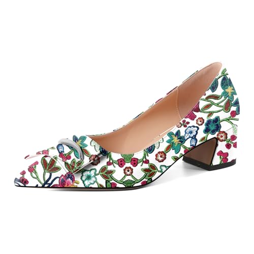 Mettesally Blockabsatz Geschlossen Pumps – Modische Slip-on Chunky Damenschuhe für Braut, Office & Freizeit Klassisch 5cm Floral Bestickt EU39 von Mettesally