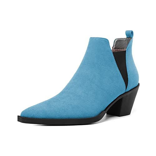 Mettesally Chelsea Ankle Stiefel für Damen Chunky Blockabsatz Pull On Spitzes Cutout Stiefel Herbst Kurze Booties Schuhe Blau EU39 von Mettesally