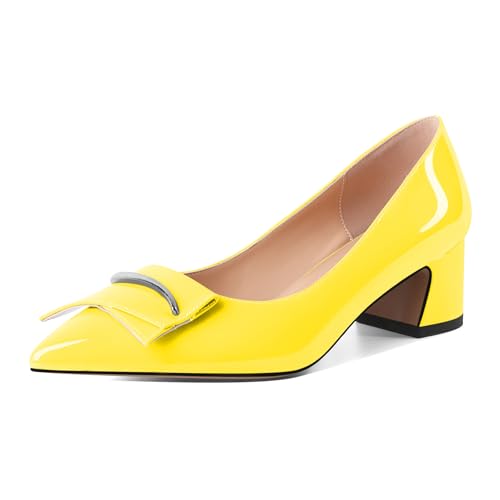 Mettesally Chunky Blockabsatz Geschlossen Pumps – Modische Slip-on Damenschuhe für Braut, Office & Freizeit Glamourös5cm Gelb EU39 von Mettesally
