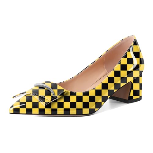 Mettesally Chunky Blockabsatz Geschlossen Pumps – Modische Slip-on Damenschuhe für Braut, Office & Freizeit Glamourös5cm Kariert Gelb EU39 von Mettesally