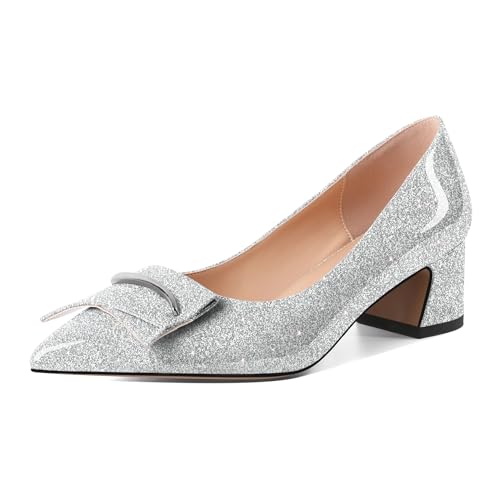 Mettesally Chunky Blockabsatz Geschlossen Pumps – Modische Slip-on Damenschuhe für Braut, Office & Freizeit Glamourös5cm Silber EU39 von Mettesally