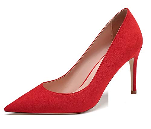 Mettesally Damen 85mm Pumpen Braut Hochzeit Party High Heel Pumpe Grundschuhe Wildleder rot EU36 von Mettesally