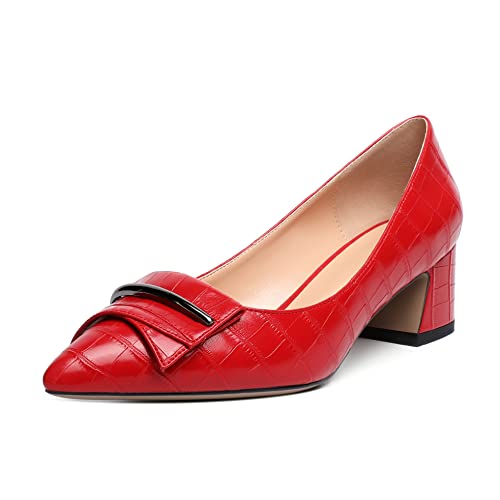 Mettesally Damen Blockabsatz Mid Heels Spitze Pumps Niedrige Absätze Schnalle Slip On Schuhe für Party Büro Rot EU39 von Mettesally
