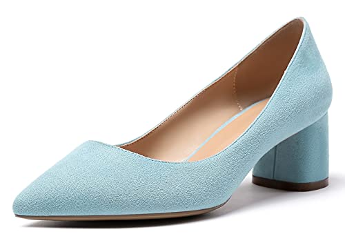 Mettesally Damen Blockabsatz Wildleder Spangenpumps Mid Heel Geschlossen Zeh Sommer Elegant Schuhe Hellblaues Wildleder EU41 von Mettesally