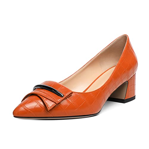 Mettesally Damen Chunky Heel Pumps Spitzes Chunky Mid Heels Schnalle Schnalle Slip On Pumps Hochzeit Party Schuhe Orange EU41 von Mettesally