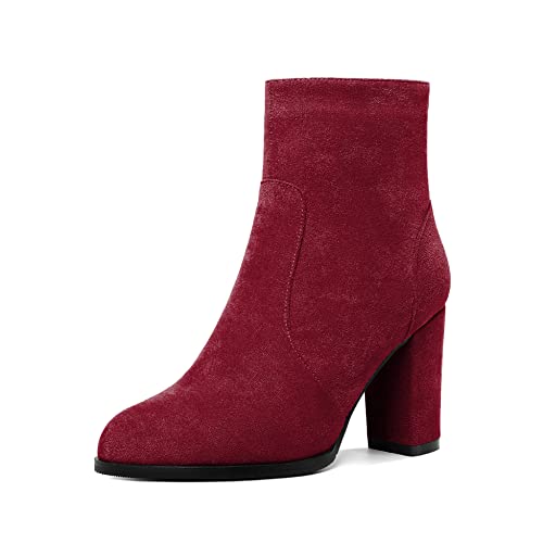 Mettesally Damen Chunky High Heel Ankle Stiefel Stiefel Rund Blockabsatz Stiefel Slip On Seite Reißverschluss Stiefel Party Kleid Wildleder Schuhe Burgund EU38 von Mettesally