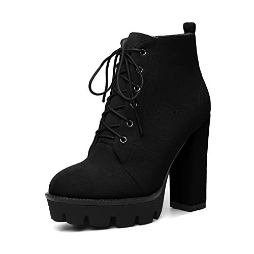 Mettesally Damen Chunky High Heel Plattform Lace Up Ankle Booties Round Blockabsatz Stiefel Pull On Side Zipper Stiefel Party Wildleder Schuhe Schwarz EU39 von Mettesally