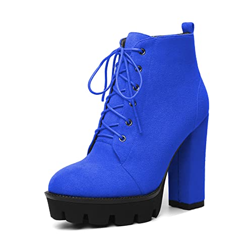 Mettesally Damen Chunky High Heel Plattform Lace Up Ankle Booties Round Blockabsatz Stiefel Pull On Side Zipper Stiefel Party Wildleder Schuhe königsblau EU39 von Mettesally