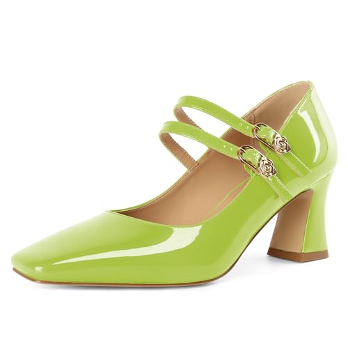 Mettesally Damen Elegant Mary Jane Pumps Quadratische Zehe Kitten Heel 2.5 Inch Einstellbare Schnalle Mode Party Schuhe Parteien Hellgrün EU40 von Mettesally