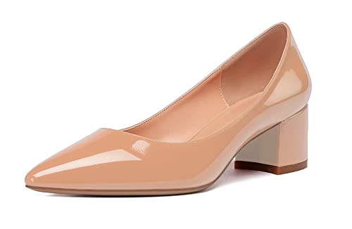 Mettesally Damen Elegant Patent Beige Pumps Spitzen Zehen 5CM Mittel Blockabsatz Hochzeit Pump Schuhe Patent Beige EU39 von Mettesally