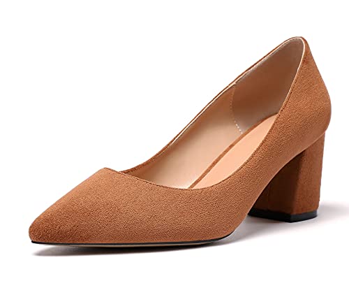 Mettesally Damen Geschlossen Zehe High Heel Pumps Komfort Elegante Blockabsatz Slip on Heels Schick Party Schuhe Braunes Wildleder EU39 von Mettesally