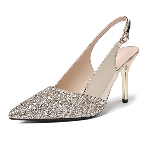 Mettesally Damen High Heel Kristall Slingback Pumps Spitz Zehen Stilettoabsatz Absatz High Heels Party Hochzeit Braut Schuhe ORO EU35 von Mettesally