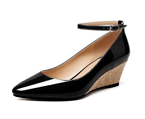 Mettesally Damen Keilabsatz Spitze Zehe Knöchelriemen Abend Braut Hochzeit Prom Pumps Schwarz EU36 von Mettesally