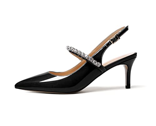 Mettesally Damen Kitten Absätze Slingback Pumps Spitzen Sandalen 6.5CM Mittel Heels knöchelriemen kristall Hochzeitsschuhe Schwarz EU43 von Mettesally
