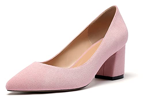 Mettesally Damen Klassische Pumps mit Mittelhohem Blockabsatz Heel Basic Schuhe Slip-on Glattleder Party Kleid Pumps Pink Wildleder EU41 von Mettesally