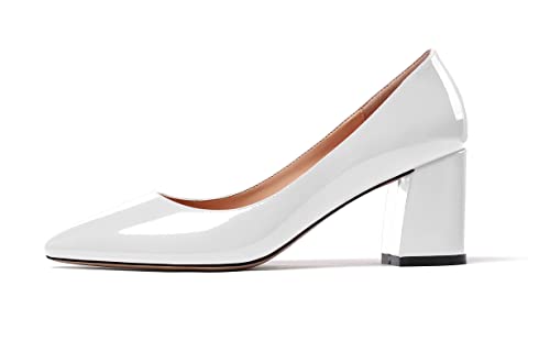 Mettesally Damen Klassische Spitze Zehen Elegant Pumps Mittel Blockabsatz Abend Hochzeit Schuhe Patent Weiß EU38 von Mettesally