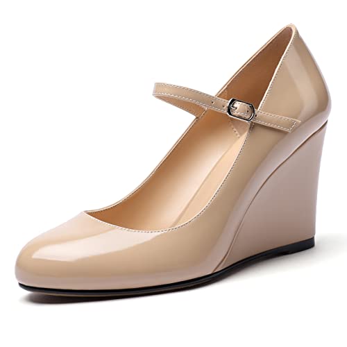 Mettesally Damen Knöchelriemen Mary Jane Keil Pumps Schuhe Hohe Absätze Casual Runde Zehe Hochzeit Kleid Schuhe Nackt EU43 von Mettesally