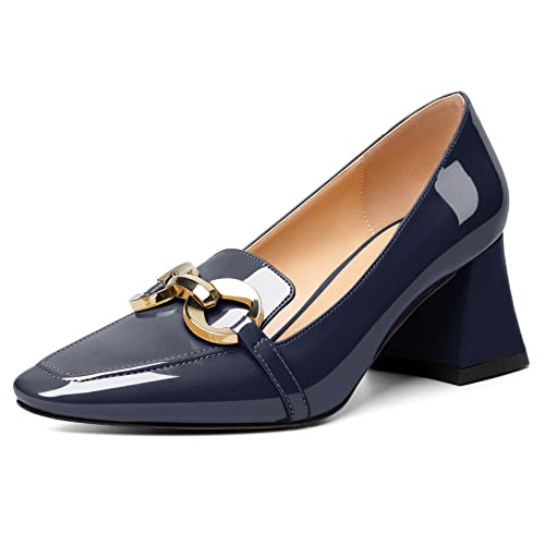 Mettesally Damen Loafer Heels Block Heel Pumps Quadratische Zehe Solide Hofschuhe Patent Kette Chunky High Heels Hochzeit Party Schuhe Marine EU43 von Mettesally