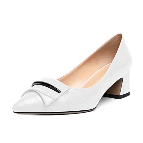 Mettesally Damen Mid Heels Spitz Pumps Blockabsatz Low Heels Schnalle Hochzeit Party Schuhe Weiß EU38 von Mettesally