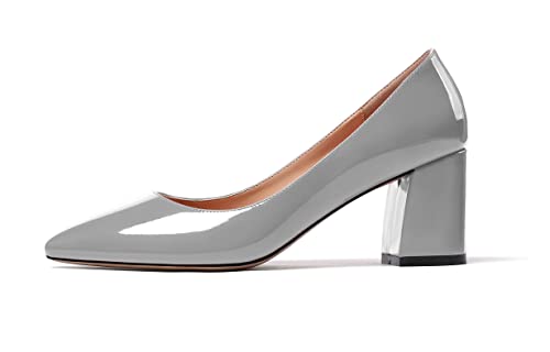Mettesally Damen Mittelhohem Pumps Spitze Zehen Slip-On Blockabsatz 6.5CM Pumpe Schuhe Patent Grau EU38 von Mettesally